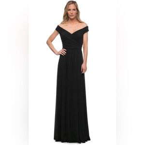 La Femme - 29168 Off Shoulder Ruched Mother of the Bride Dress Black Size 14